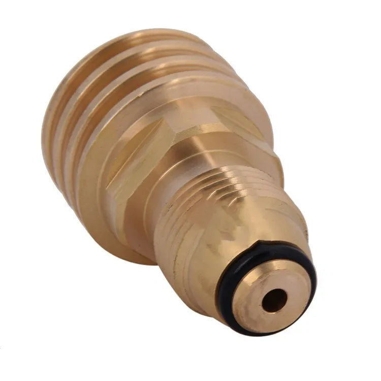 Brass gas brazier adapter with gold finish, showing taper external thread.
