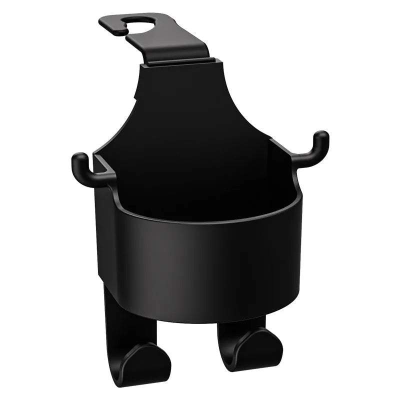 Black plastic car seat back organiser with cup holder and hanging hooks mounted on vehicle headrest