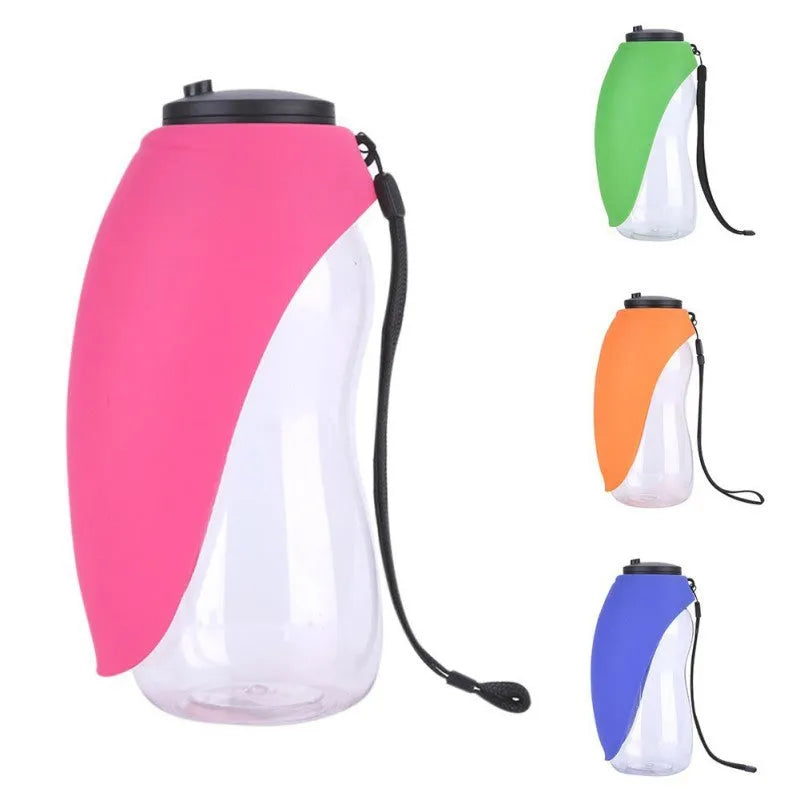 Portable pet water bottle with 680ml capacity showing key lock and wide drinking sink