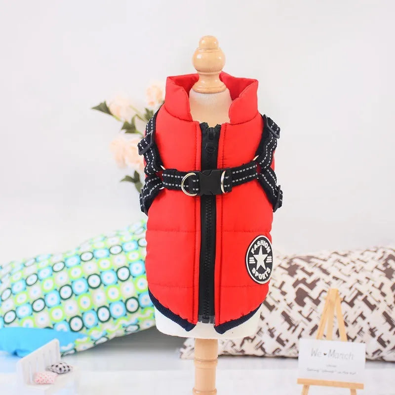 Waterproof dog coat in rain silk fabric with harness hole for lead attachment
