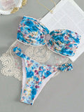 Printed tube top bikini set with lace detail and floral pattern in blue colour