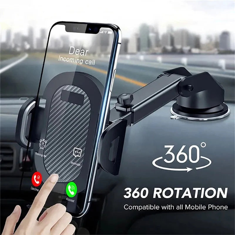 Black car phone holder made of ABS and EVA for mounting 4 to 7 inch smartphones.
