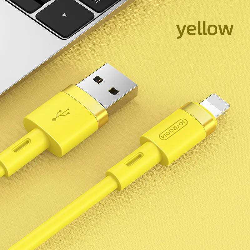 USB-C charging cable with straight connector in five colour options showing black, purple, red, white, and yellow variations