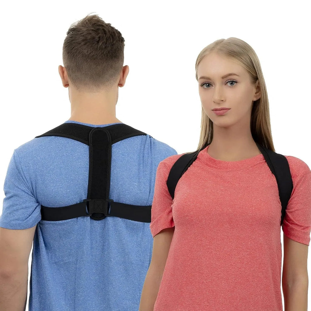 Black adjustable posture correction strap showing breathable fabric and adjustment mechanism