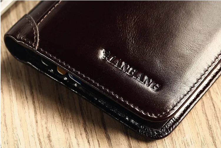 Men's leather wallet showing multiple internal compartments including card slots, coin pocket and photo window