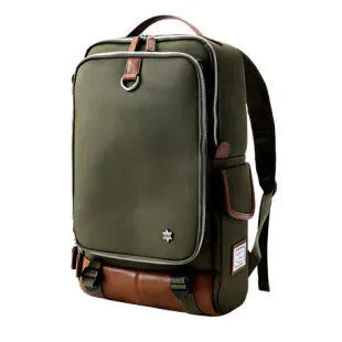 Modern Korean style men's backpack in Oxford cloth showing army green colour option.