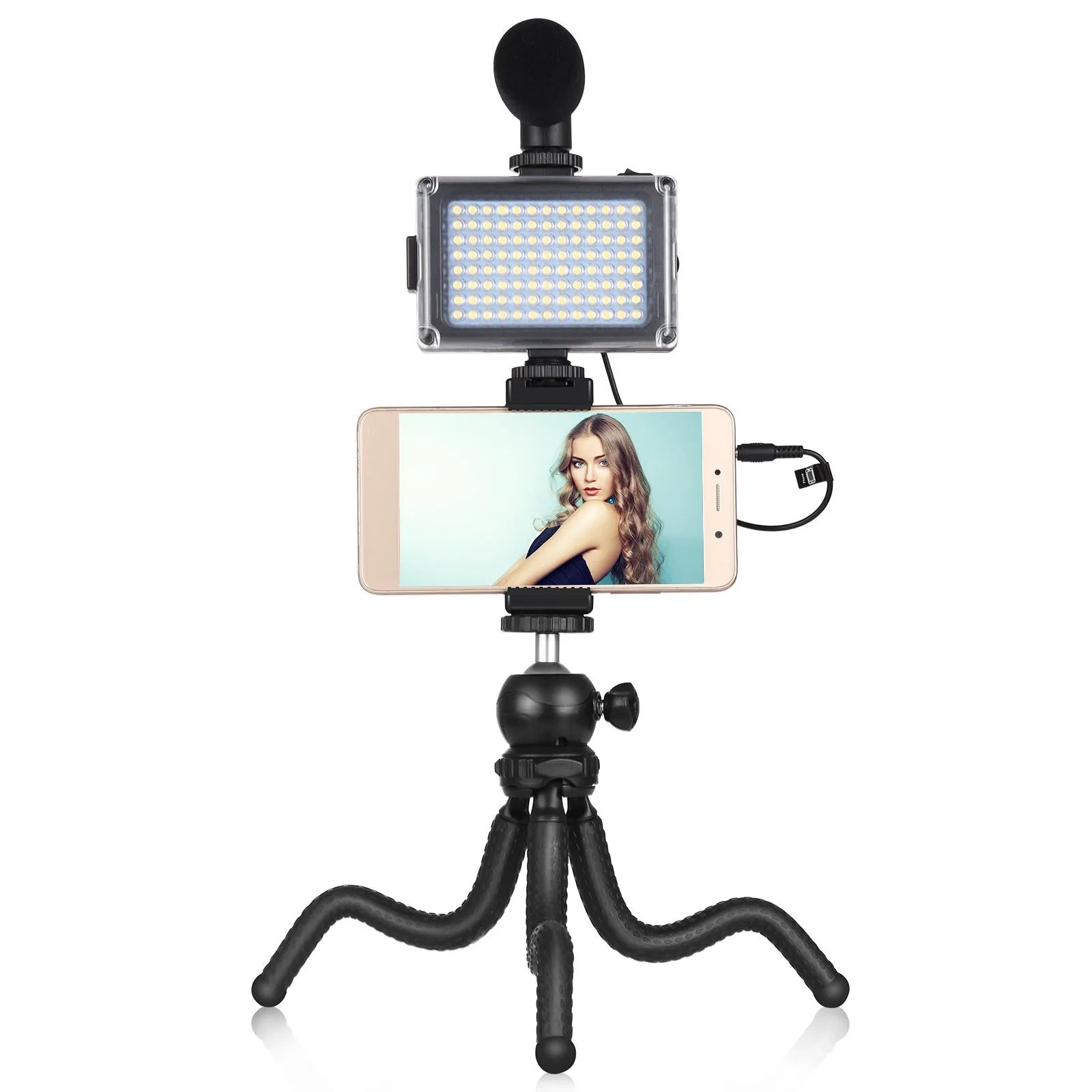Black octopus tripod stand with flexible rubber legs and fill light for iPhone