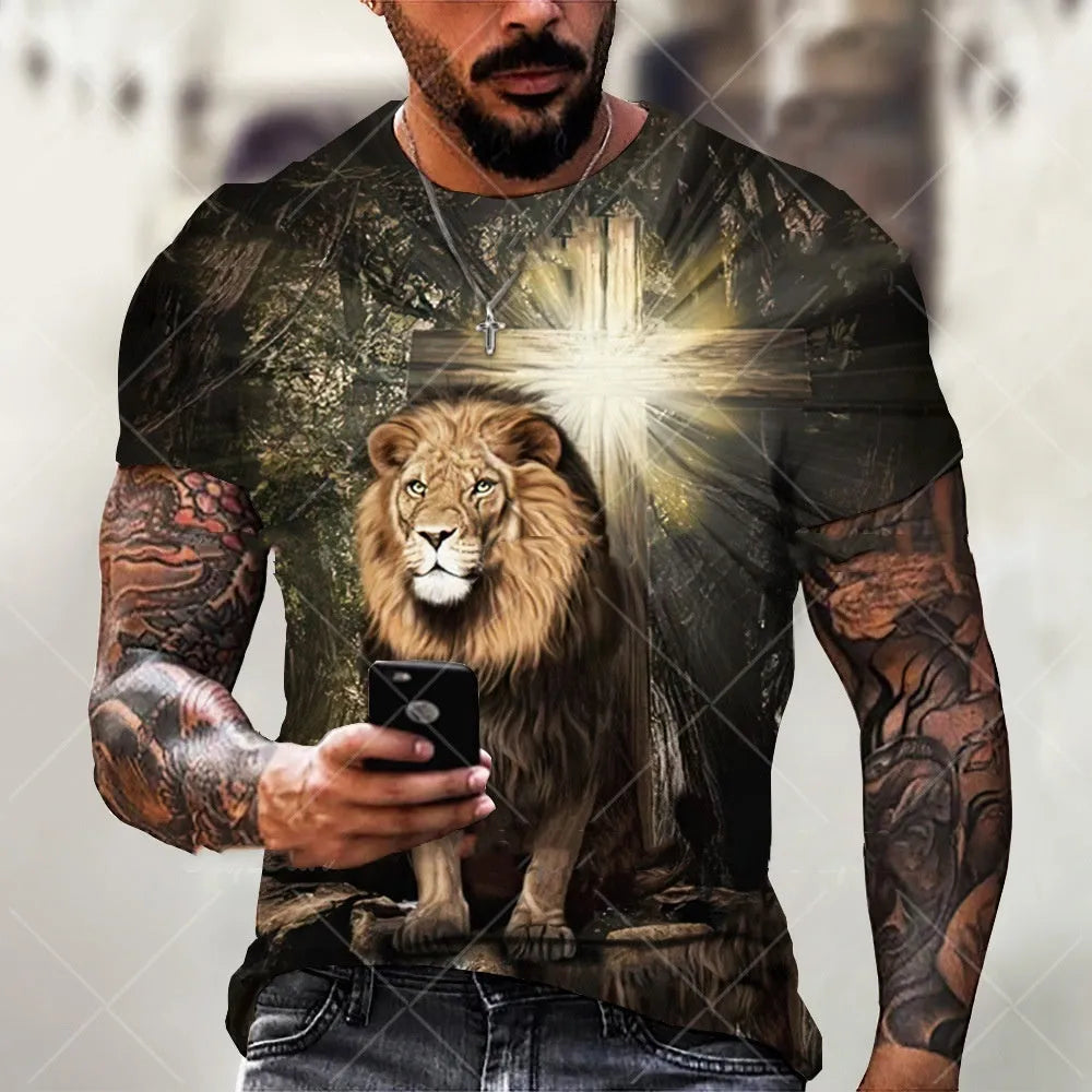 Men's grey T-shirt with 3D printed Jesus pattern design, short sleeves, pullover style