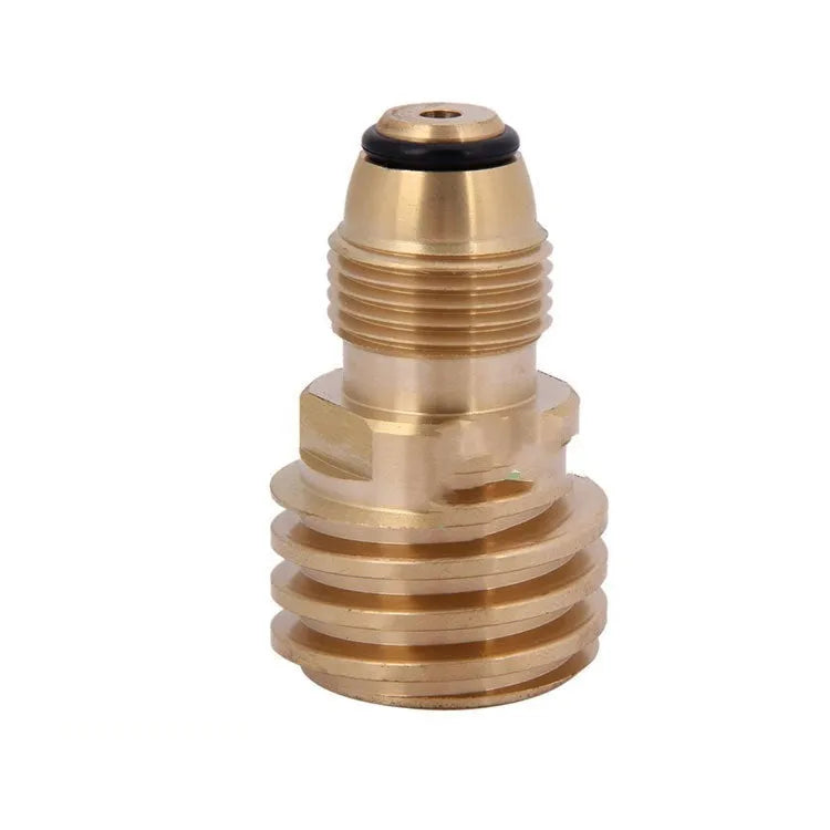 Brass gas brazier adapter with gold finish, showing taper external thread.