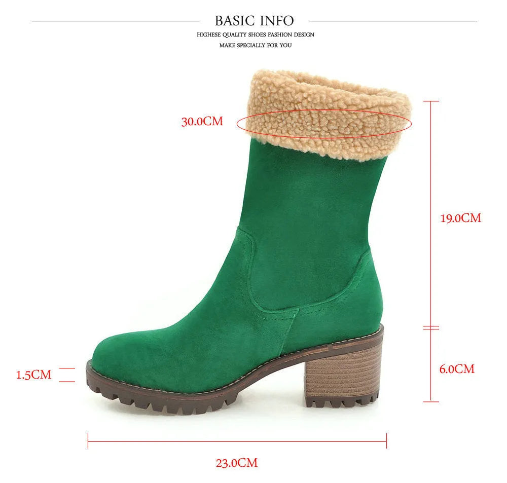 Waterproof snow boots with short plush lining in black, grey, green, or orange.