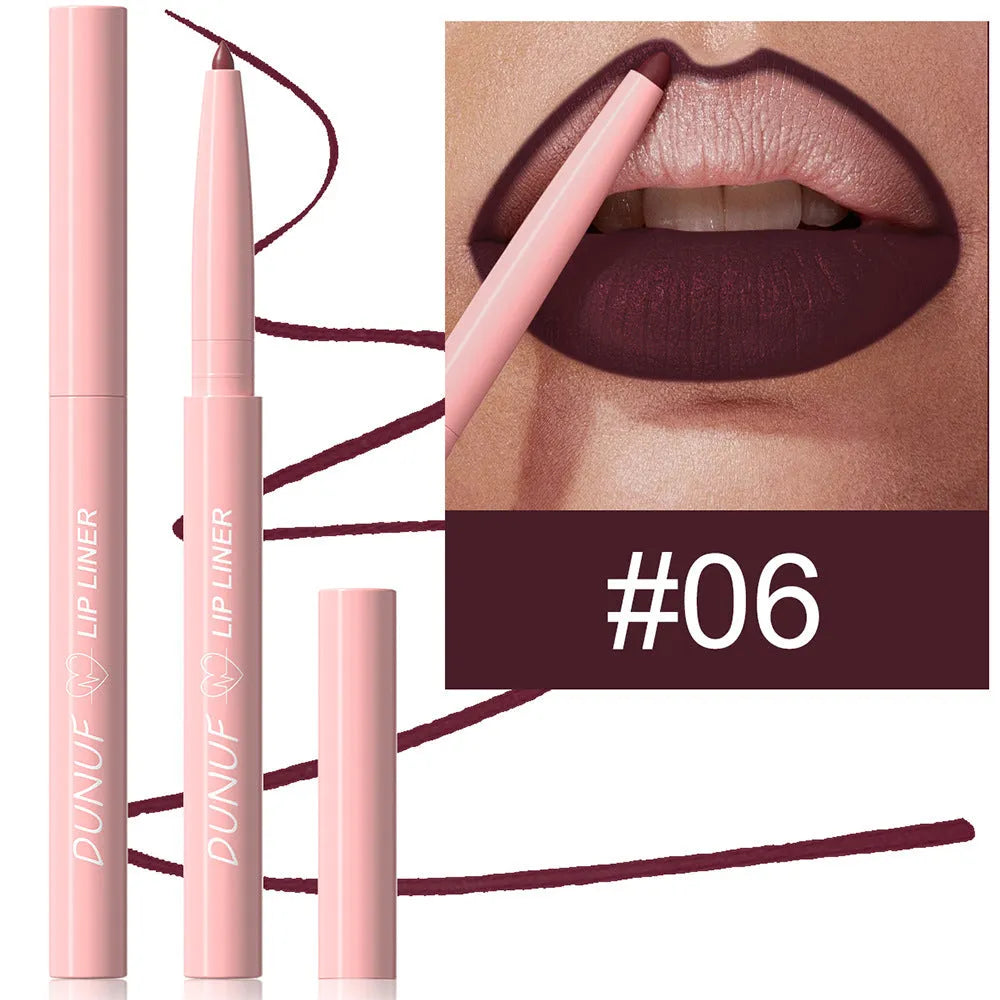 12 Colour Velvet Matte Lip Liner pencil showing range of nude, berry and brown shades.