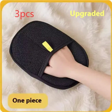 Black pet grooming glove with silicone bristles for removing hair from dogs cats rabbits