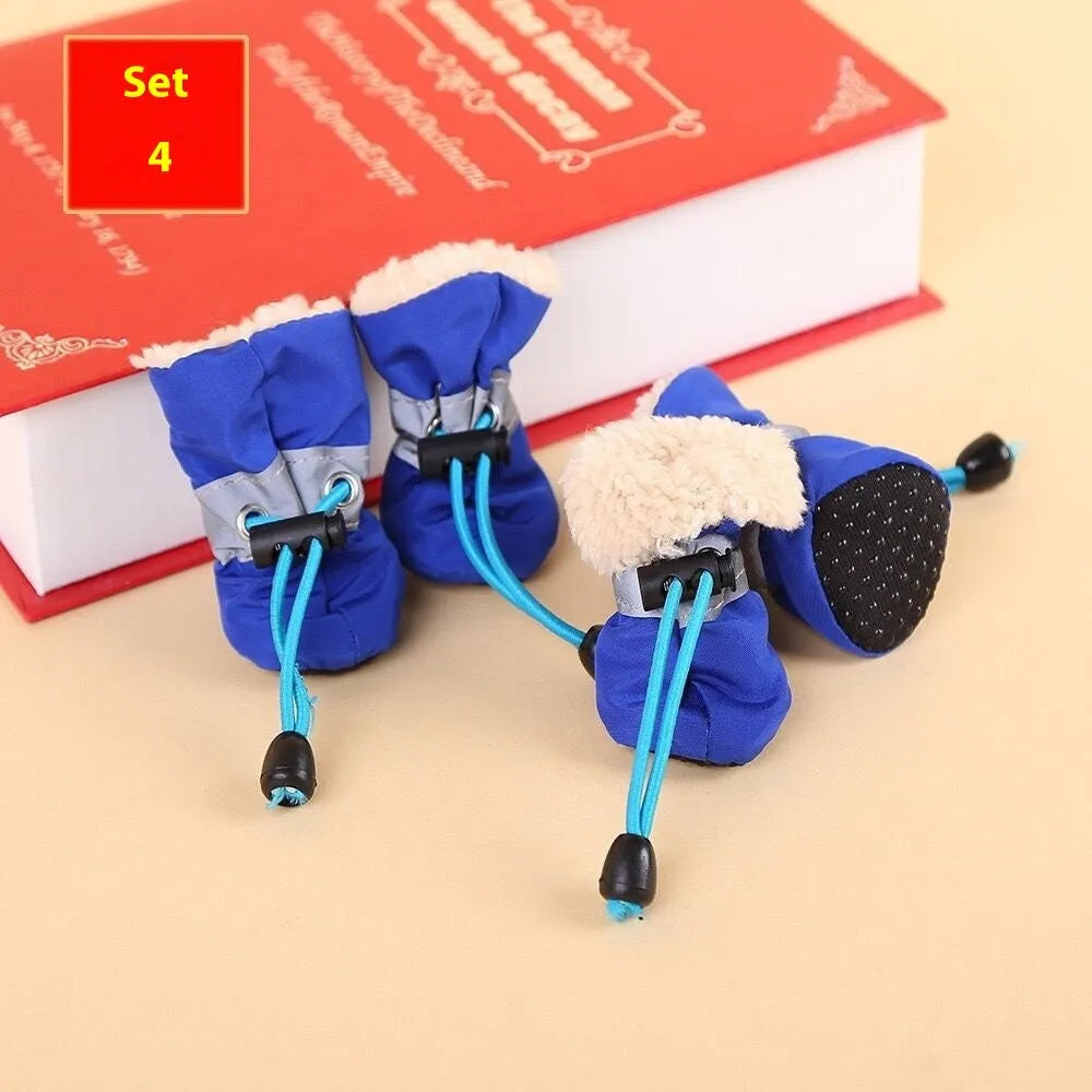 Soft sole cloth dog shoes showing multiple colour options including fleece-lined and monkey print designs