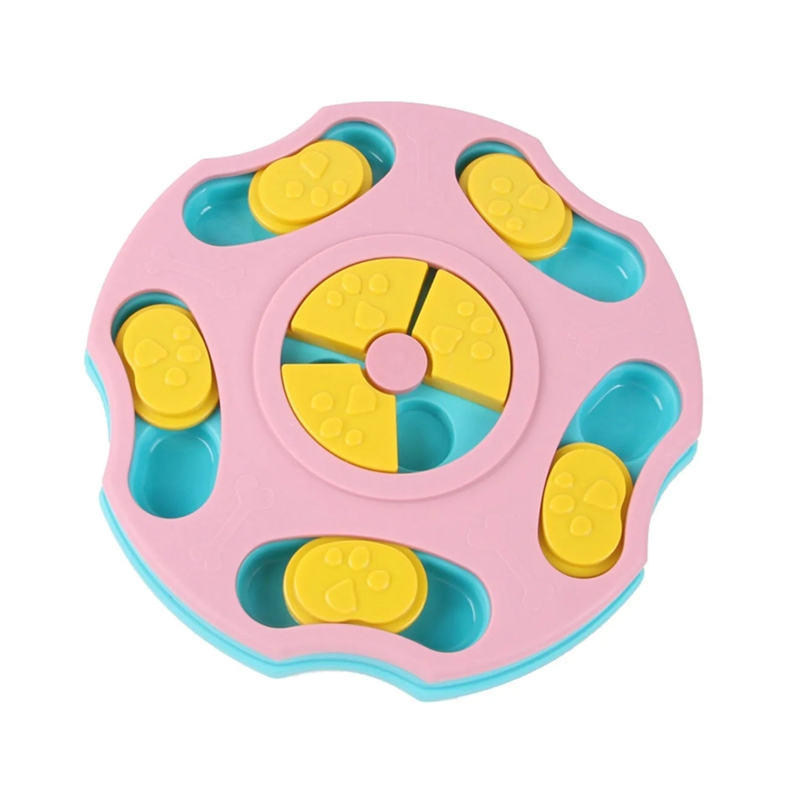 Blue and pink dog puzzle toy food feeder for interactive play and slower eating