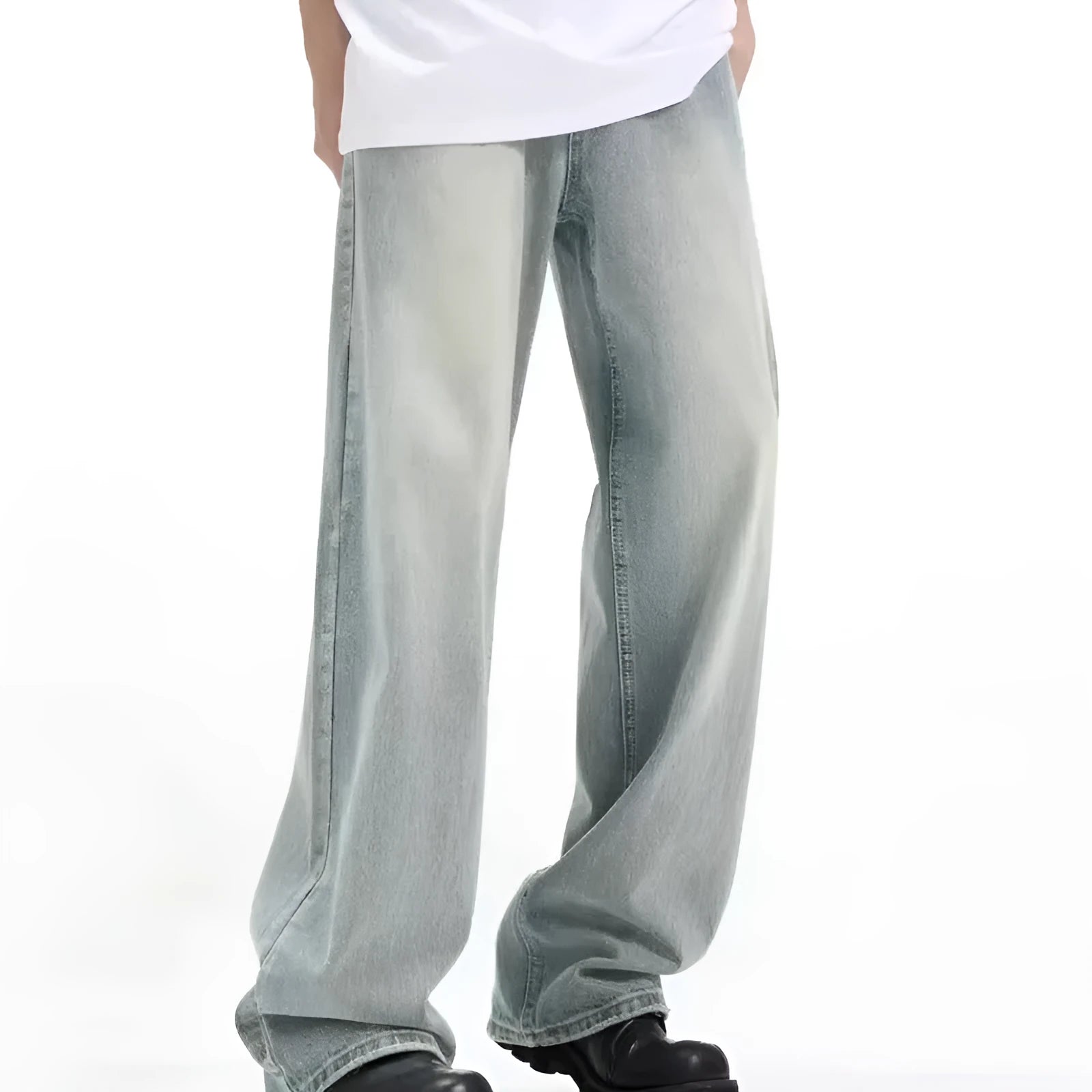 Blue loose-fit retro trousers with an elasticated waistband made from rabbit fur fabric.