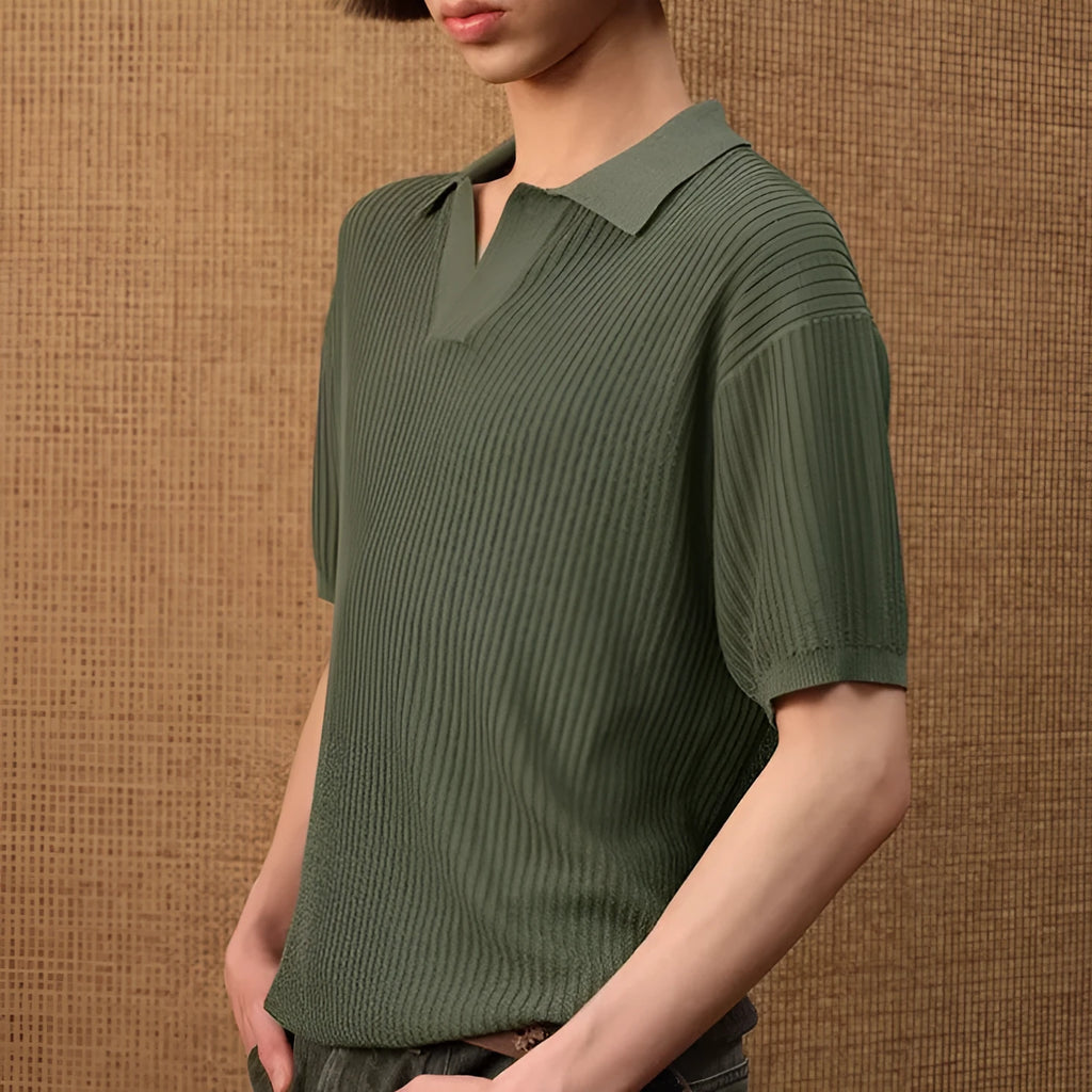 Men's business style polo shirt with striped collar in ice silk fabric, available in creamy-white, black and grey colours