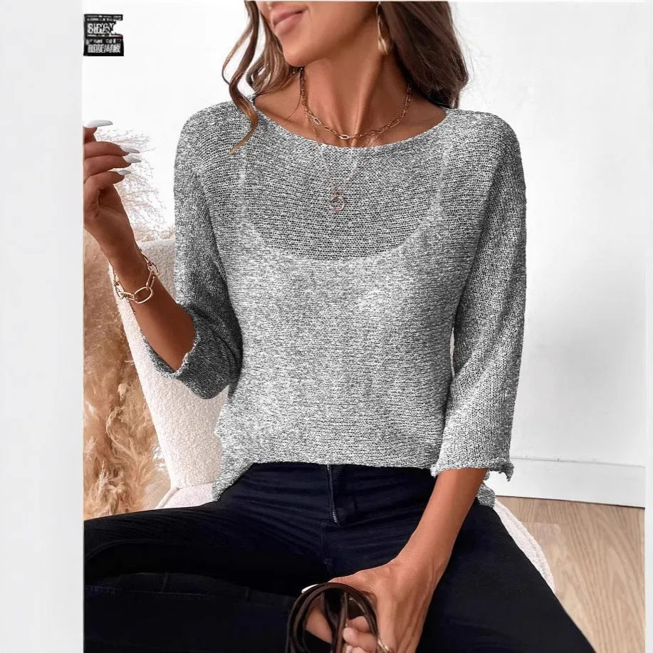Women's thin knitted off-shoulder top in polyester with a 3D pattern, shown in a light colour.