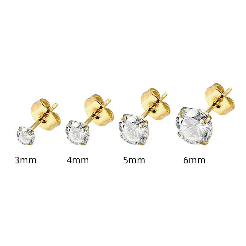 Geometric square stainless steel stud earrings with a round zircon stone, available in gold or steel colour.
