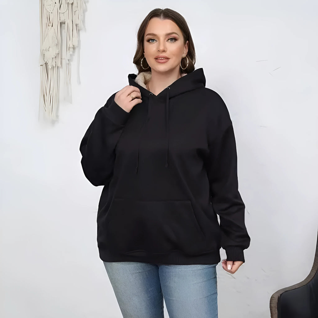 Women's thick grey hooded pullover sweater with 3D pattern and front pockets