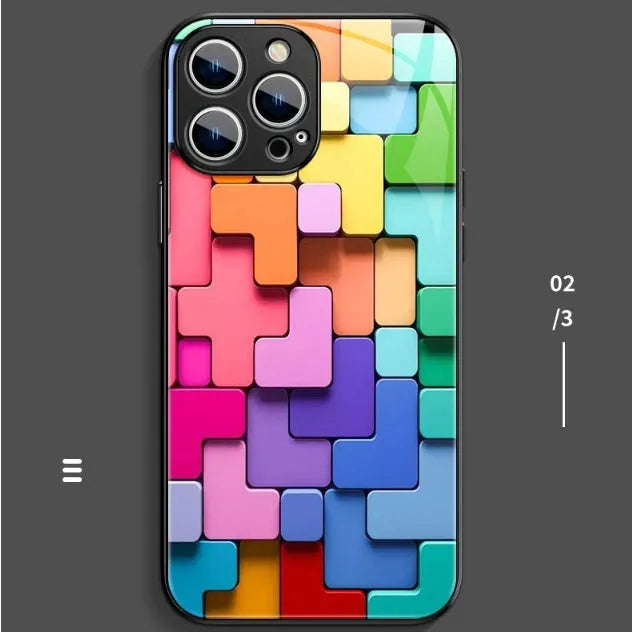 Geometric colour-block cartoon design on a silicone back cover case for an iPhone.