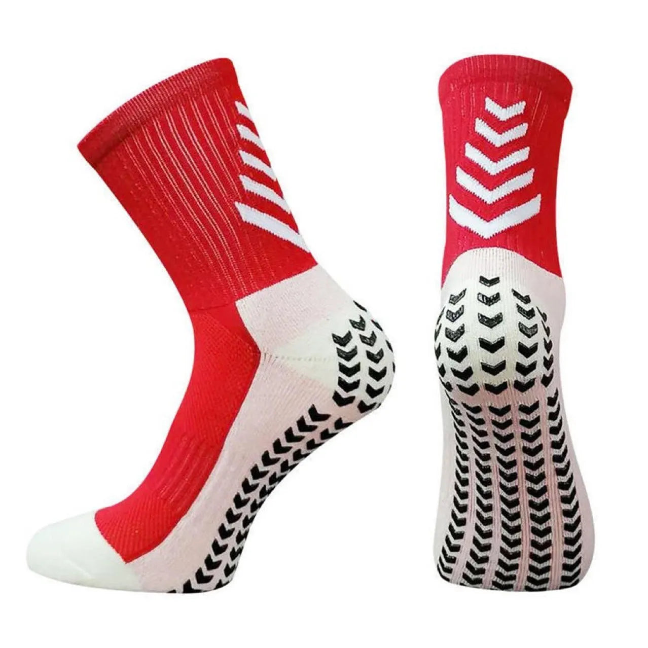 Men's mid-calf athletic socks with geometric patterns and non-slip silicone grip for football and running