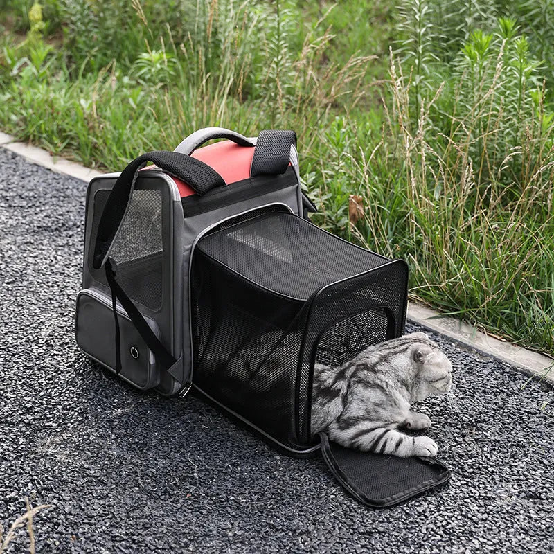 Portable pet carrier backpack with 18L expandable capacity in black nylon for cats and dogs