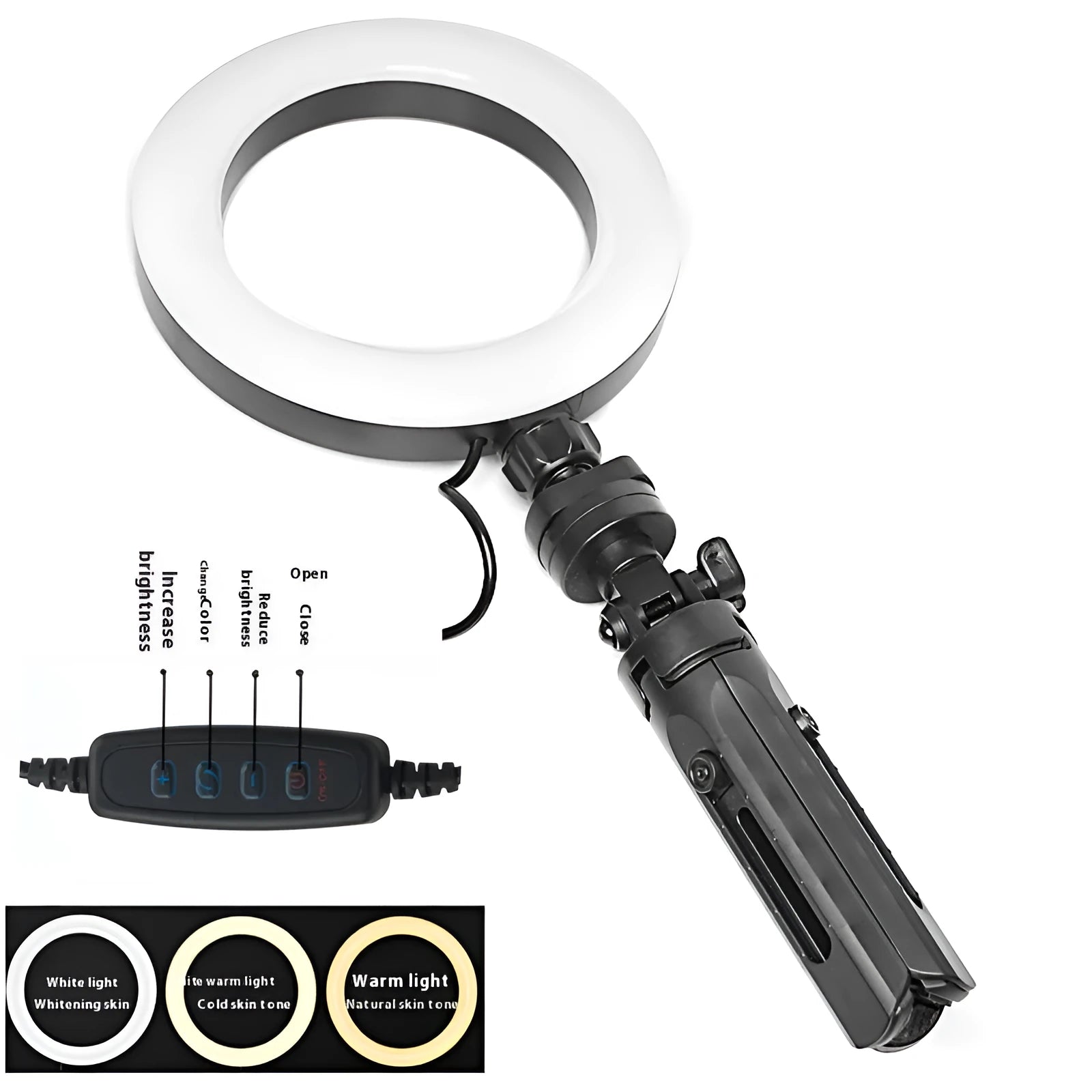 Black desktop tripod with adjustable fill light and universal mobile phone bracket for video recording