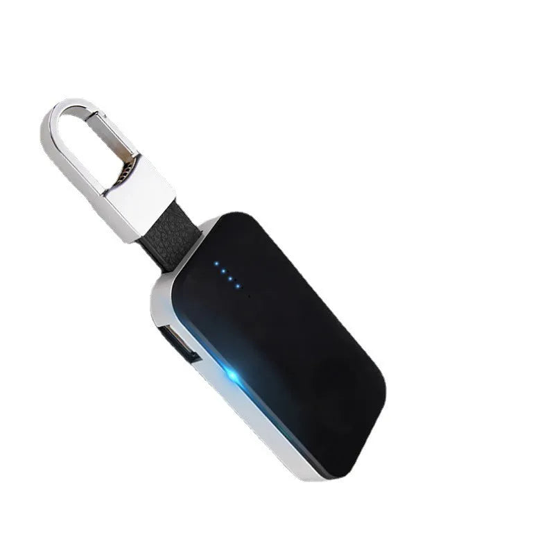 Black portable Apple Watch wireless charger power bank with keychain attachment