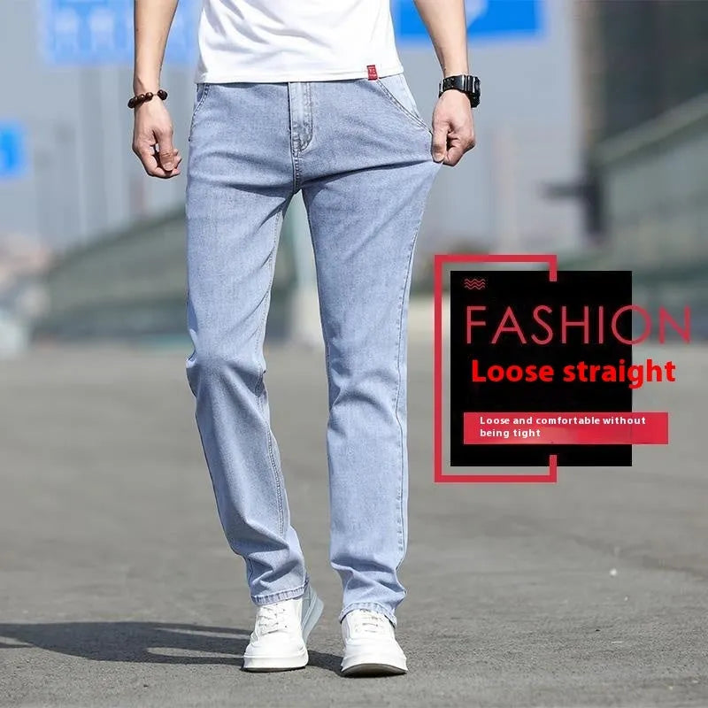 Men's smoky gray straight leg jeans with low waist and zip fly made from elastic rabbit fur fabric