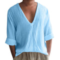 Men's long sleeve V-neck t-shirt in washed cotton fabric, solid colour options on hanger