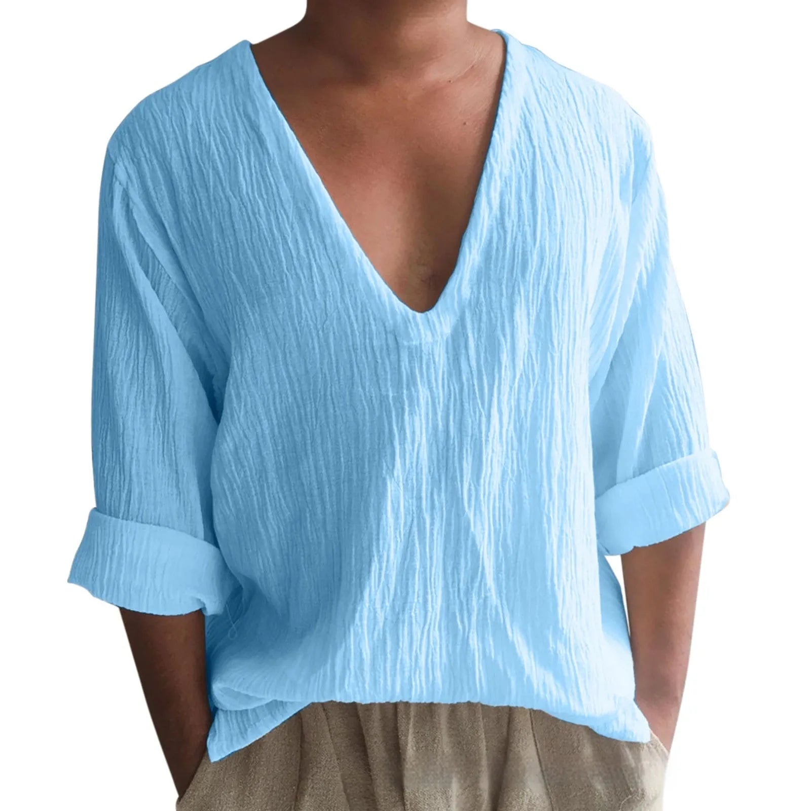 Men's long sleeve V-neck t-shirt in washed cotton fabric, solid colour options on hanger