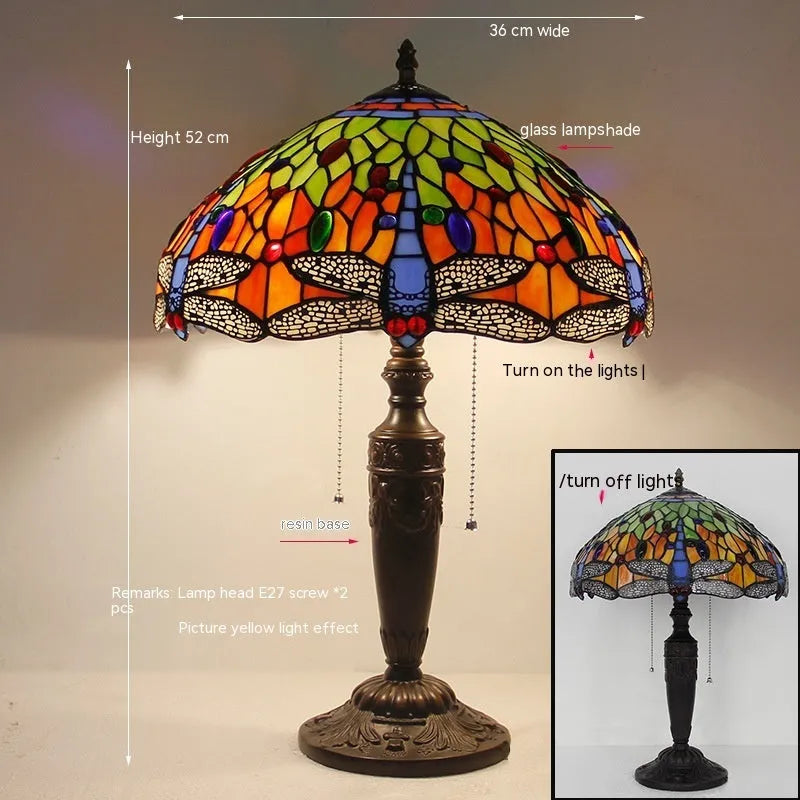 Stone table lamp with Tiffany-style dragonfly design in retro European style