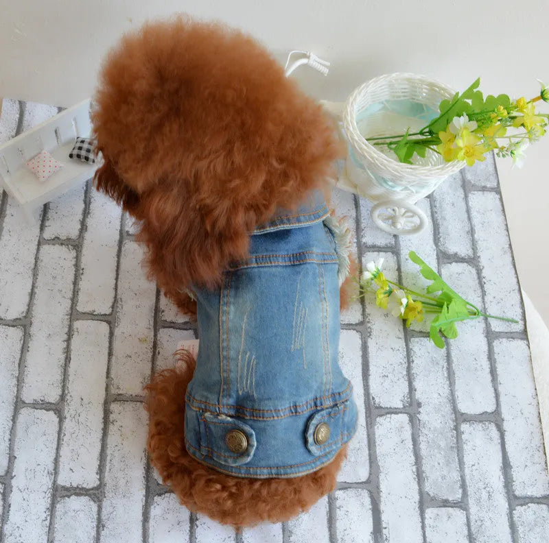 Denim dog vest with retro scratch pattern in dark and light colours for small to medium breeds