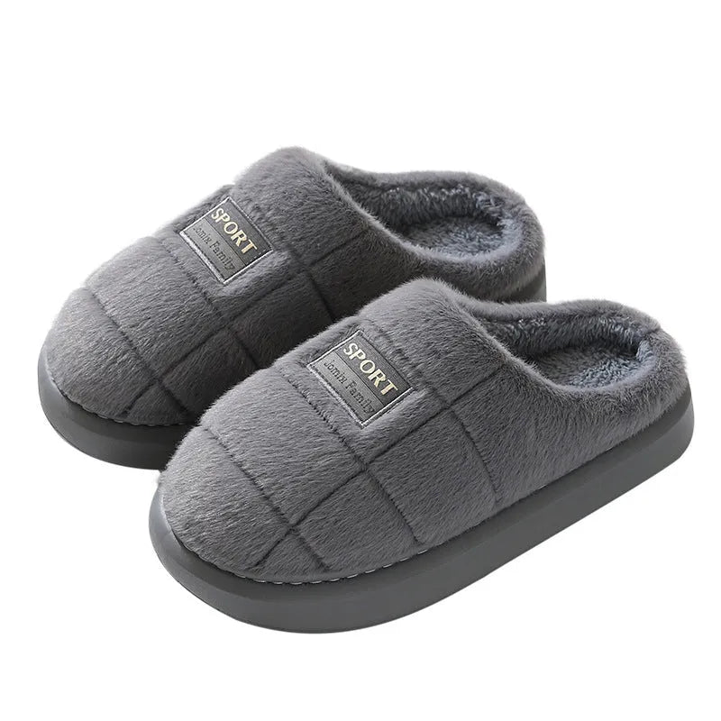 Men's grey and brown plaid rabbit hair slippers with thick EVA sole and wool lining.
