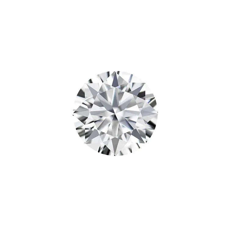 Round moissanite loose gemstone with eight hearts and eight arrows cut on a white background.