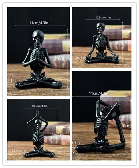 Detailed resin ornament of a yoga pose skeleton skull on a desktop, shown in black and white colour options.