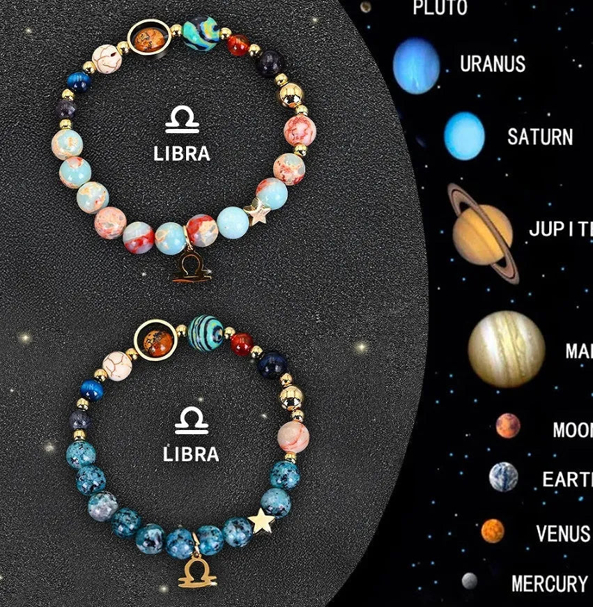 Natural stone bead bracelet set featuring all twelve zodiac signs with two bracelets per style