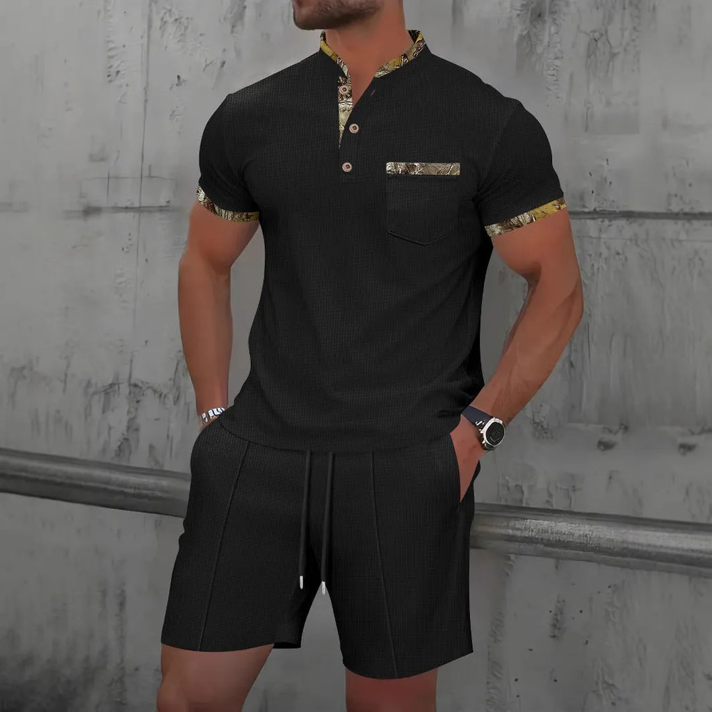 Men's gray short sleeve zip-up polo collar top with matching shorts, a cotton blend summer suit set.