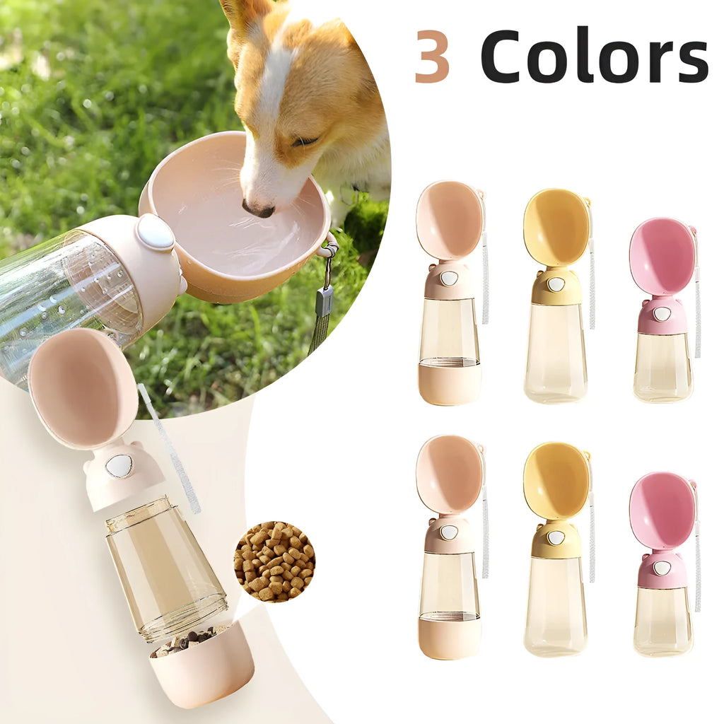 Portable dog water bottle and food container in yellow colour for outdoor pet travel