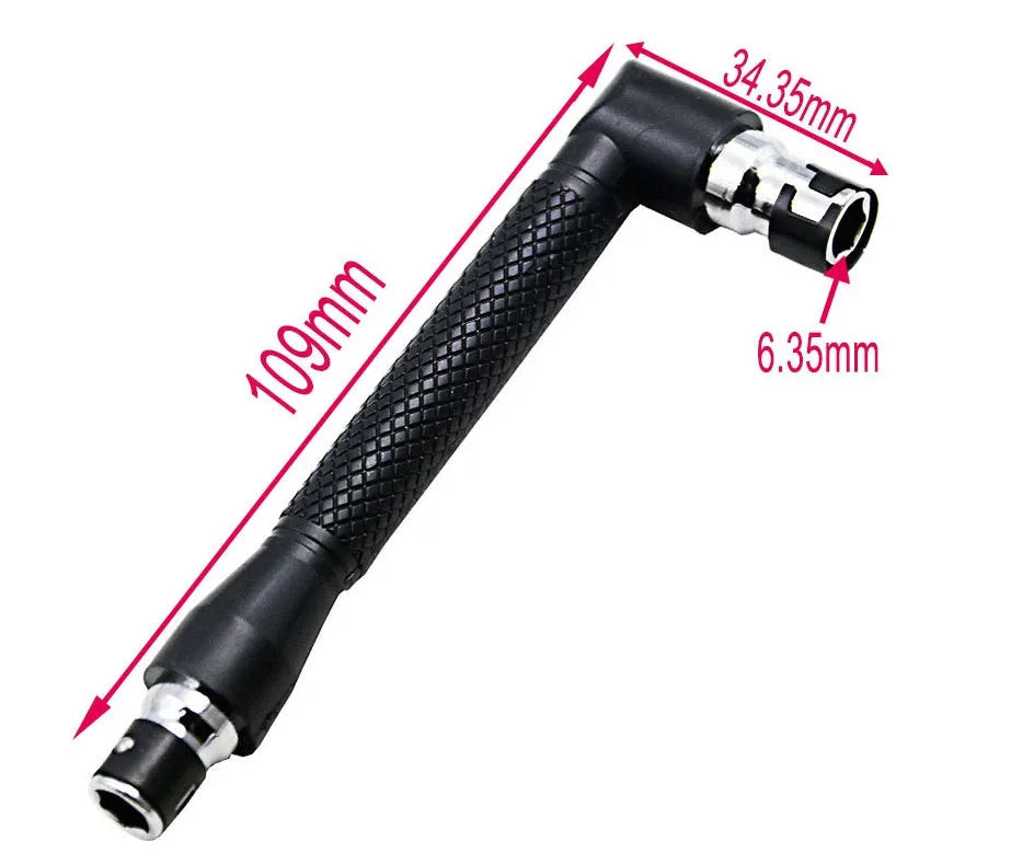 L-shaped double-headed socket wrench handle with set of 10 screwdriver bits and 10 socket wrenches on a workbench