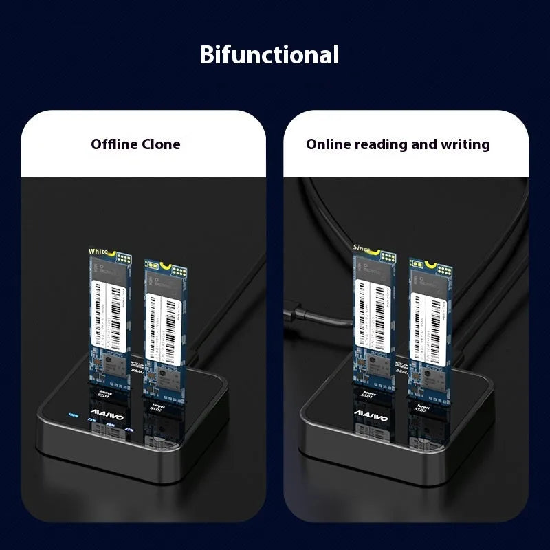 MAIWO K3016 M.2 solid state drive cloning dock with cables and power adapter on a desk