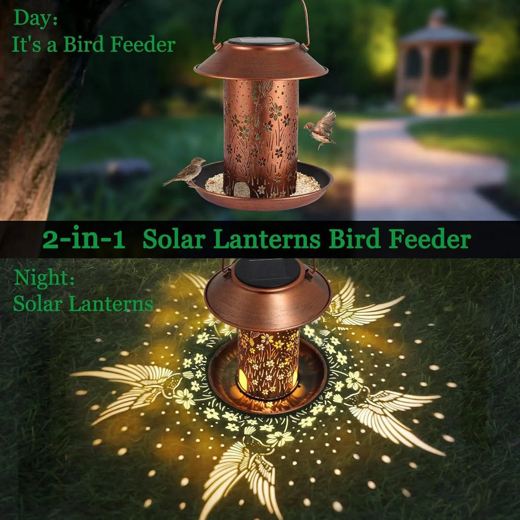 Solar-powered iron bird feeder with hummingbird pattern and integrated LED light for outdoor gardens