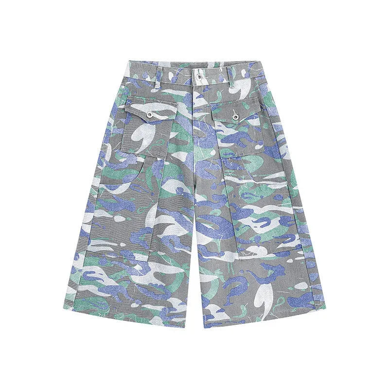 Camouflage pattern cotton denim cropped trousers with straight legs and front pockets