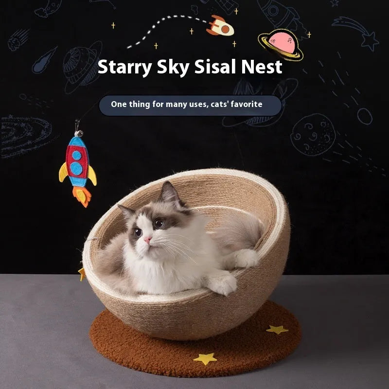 Large integrated cat scratching basin and nest with sisal rope surface and flannel-lined bed area in starlight colour