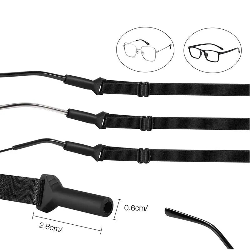 Black adjustable glasses cord with silicone earpiece tips shown on spectacles