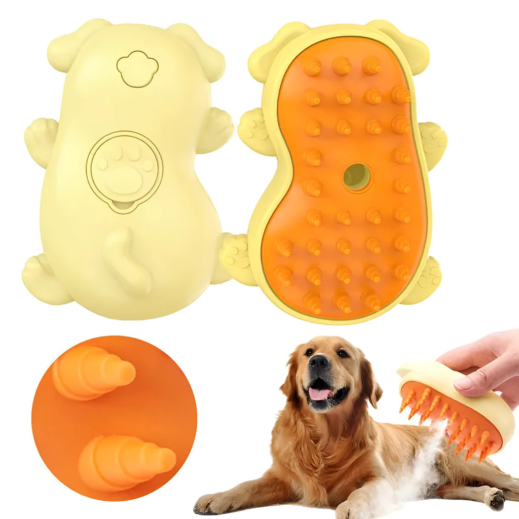 White and blue 3-in-1 steamy grooming brush for cats and dogs on a grey background.