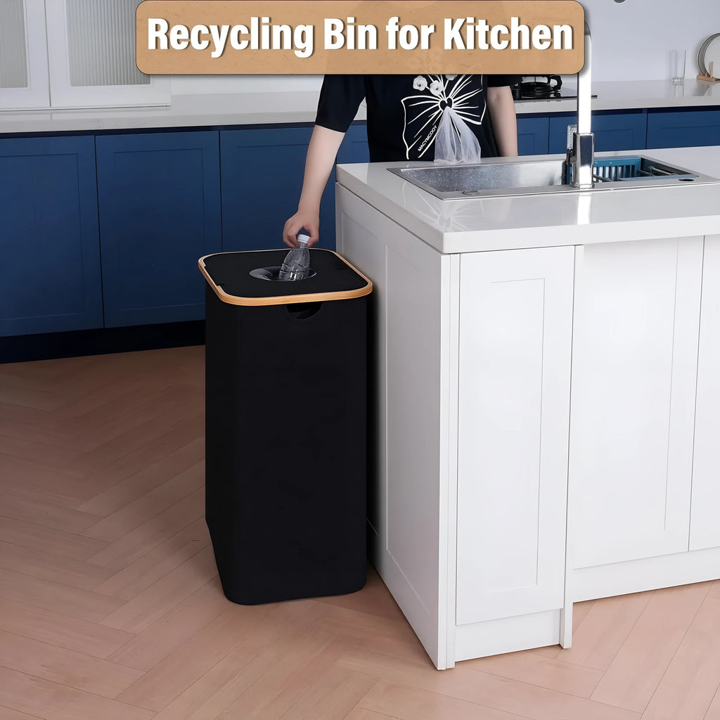 Black bamboo laundry basket with removable lid showing double inner pockets and Oxford cloth material