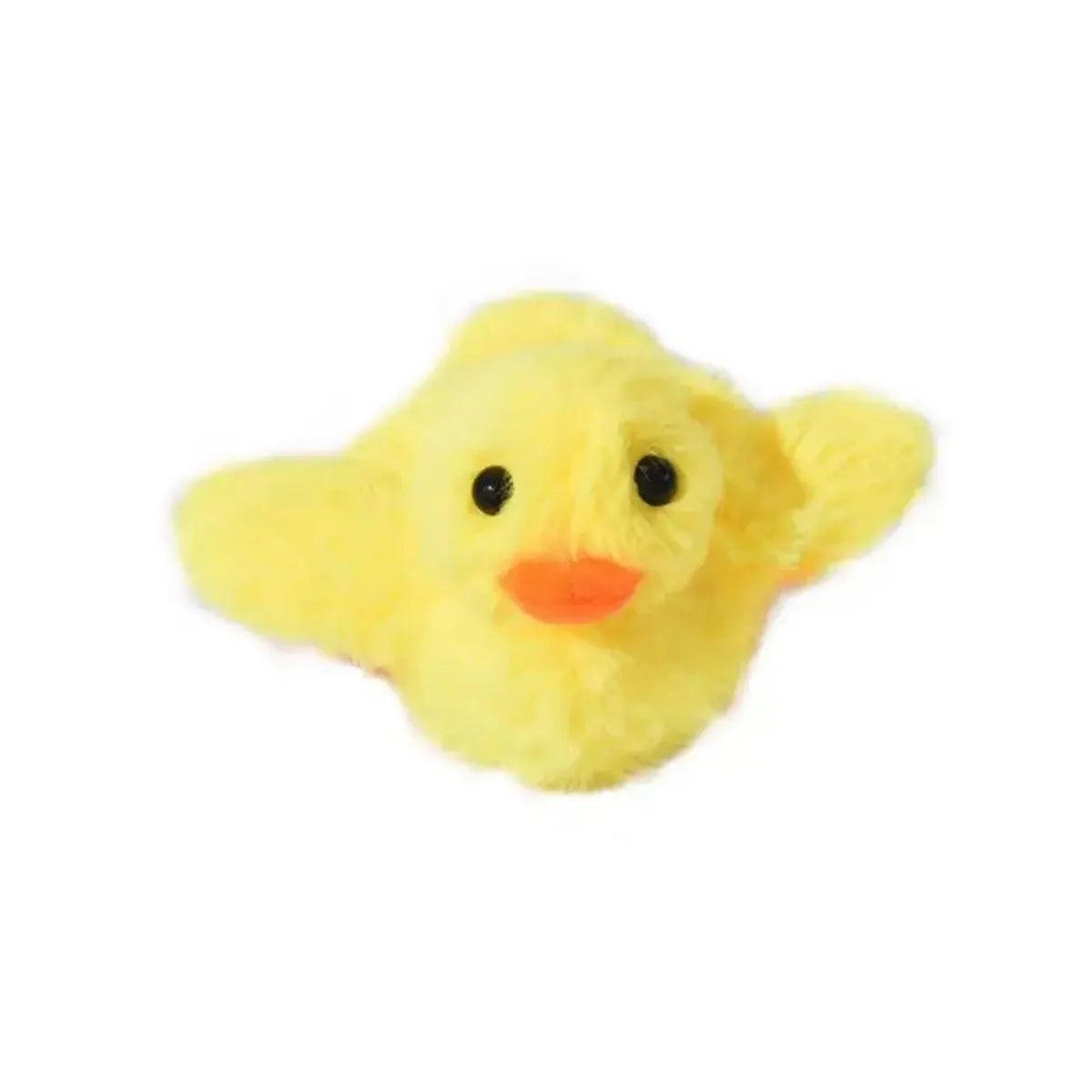 Yellow chick-shaped rechargeable cat plush toy with a removable cover and USB cable.