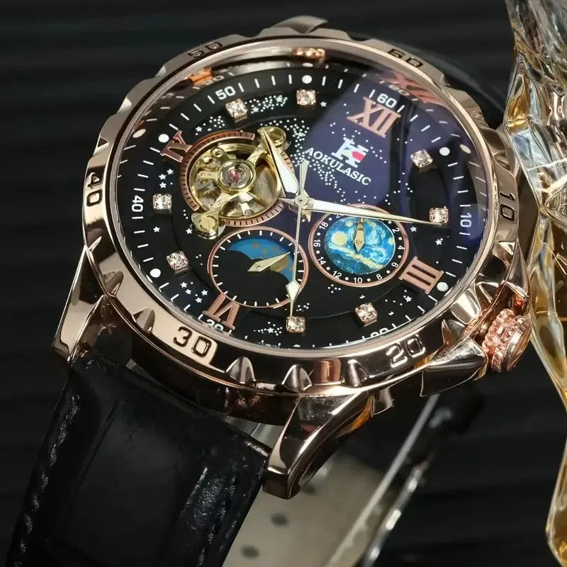 Men's black and rose gold automatic watch with hollow dial and leather strap.
