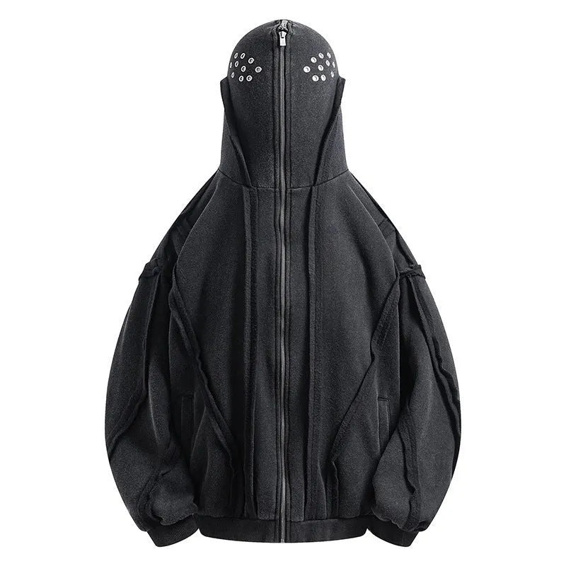 Black loose fit padded cotton cardigan with zip front and hood in retro style